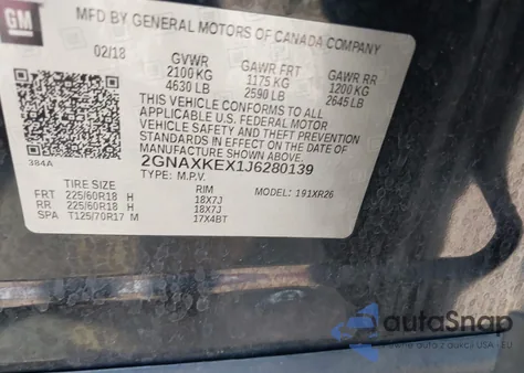 2018 Chevrolet Equinox Lt из США, поврежденный, VIN 2GNAXKEX1J6280139